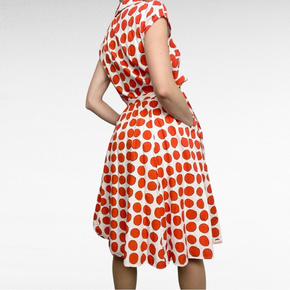 eShakti | White & Red Polka Dot Cotton Fit & Flare Midi Shirt Dress w/Pockets - Picture 2 of 7